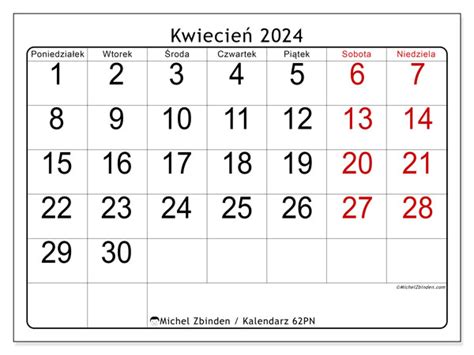 Kalendarz kwiecień 2024 do druku 62PN Michel Zbinden PL