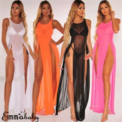 Women S Mesh Sheer Beach Swimsuit Swimwear Bikini Cover Up Split Long Maxi Dress Cover Up