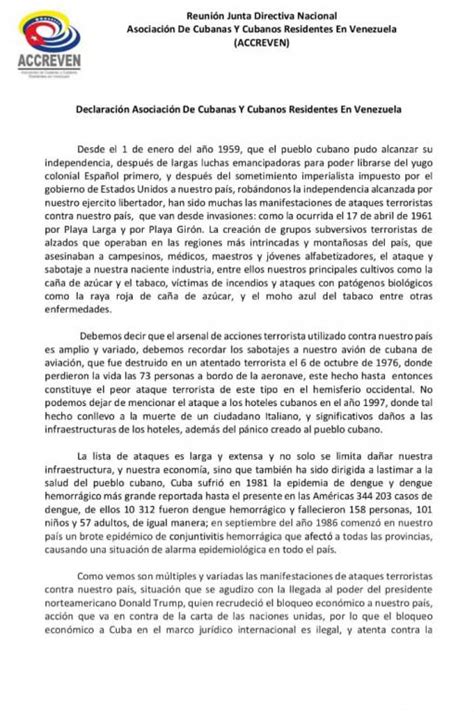 Declaraci N De La Asociaci N De Cubanas Y Cubanos Residentes En