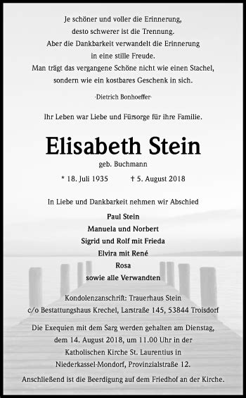 Traueranzeigen Von Elisabeth Stein Wirtrauern