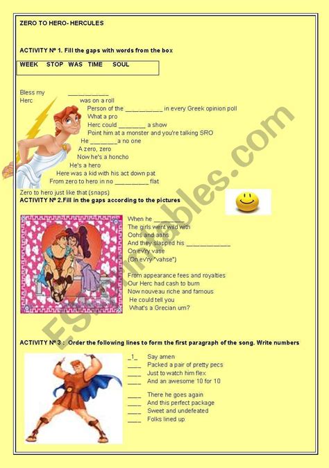 SONG FROM ZERO TO HERO. HERCULES (disney) - ESL worksheet by PAROSUNA