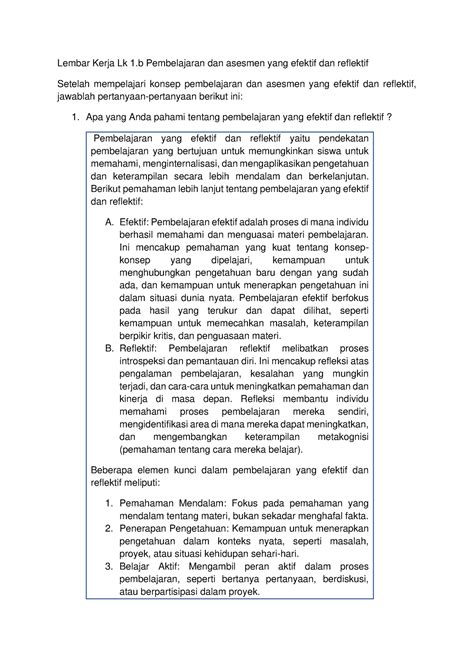 Lembar Kerja Lk 1 B Pembelajaran Dan Asesmen Yang Efektif Dan Reflektif Mutiara Tf Lembar