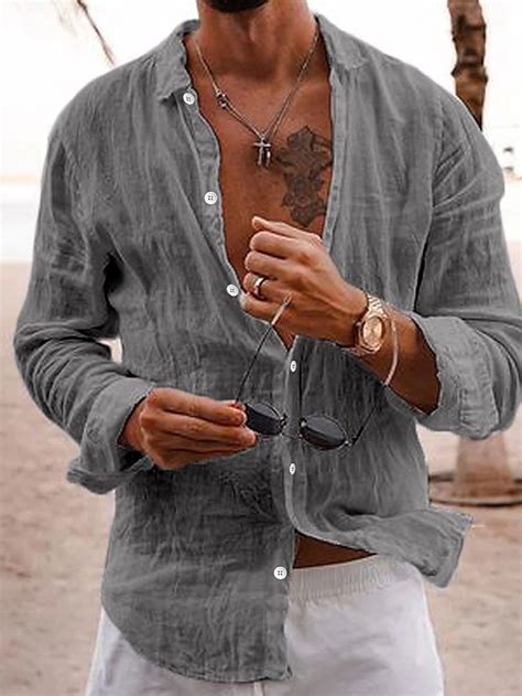 Men's Linen Shirt Casual Shirt Beach Shirt Button Up Shirt Plain Vacation Curise Black White ...