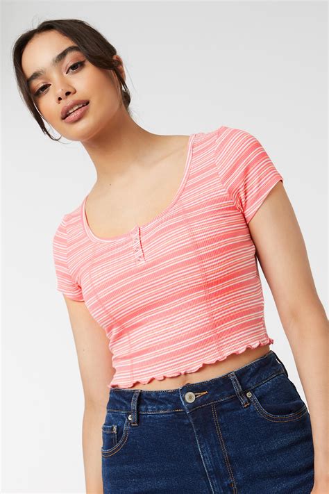 Striped Henley Crop Top Ardene