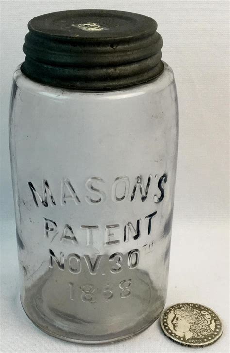 Lot Antique Mason S Patent Nov 30th 1858 With Ball Zinc Lid Quart Size Clear Fruit Jar