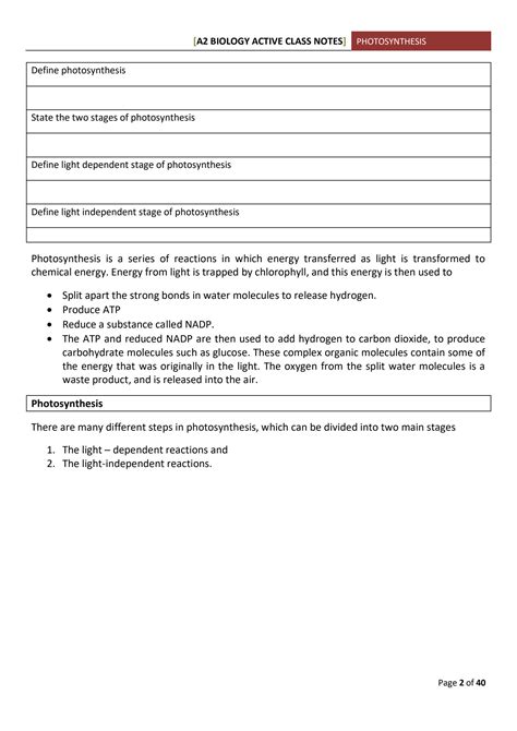 SOLUTION A2 BIOLOGY ACTIVE CLASS NOTES PHOTOSYNTHESIS Define