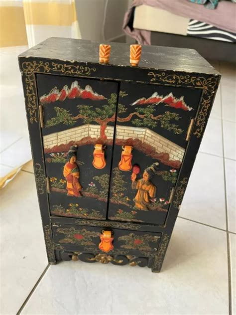 Ancien Coffre Chinois En Bois Richement D Cor Eur Picclick Fr