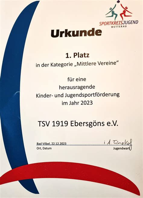 TSV Ebersgöns erreicht wiederholt den 1 Platz für eine herausragende