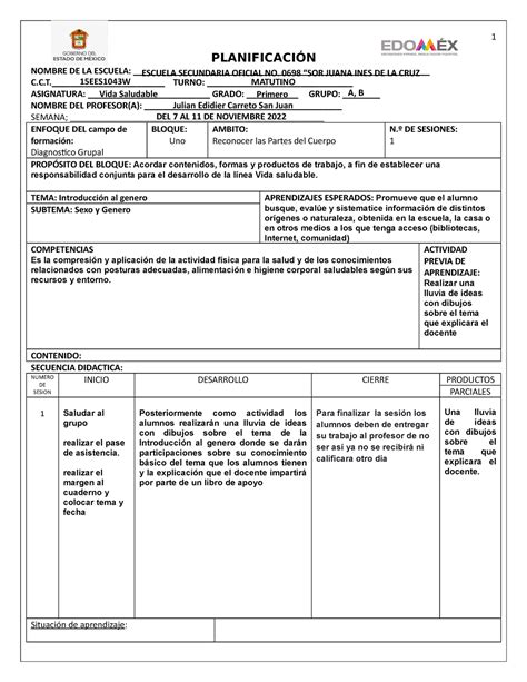 Planeacion vida saludable 1 1 PLANIFICACIÓN NOMBRE DE LA ESCUELA