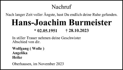 Traueranzeigen Von Hans Joachim Burmeister Trauer In NRW De