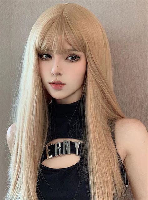 Golden Qi Bangs Daily Natural Long Straight Hair Classic Lolita Wig