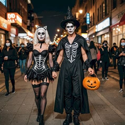 Two People Dressed Up As Skeletons And A Pumpkin Are On A Street