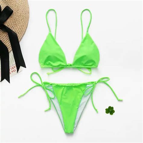 Peachtan Sexy Neon Bikini Push Up Swimwear Women Thong Woman