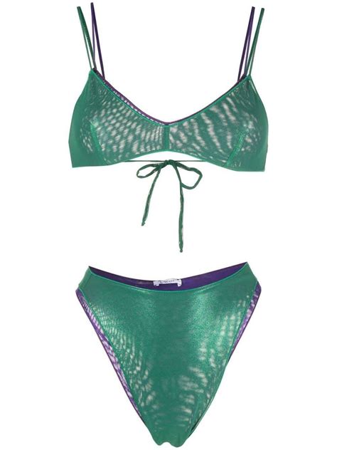 Oseree Bikini Lamé Double Bra 90s Bottom In Green And Purple Editorialist