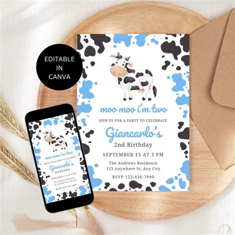 Moo Moo Im Two Digital Invite Editable Boy Birthday Party Printable