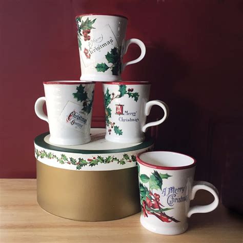 Williams Sonoma Vintage Postcard Christmas Mugs 4pc Set With Box Mint Williamssonoma