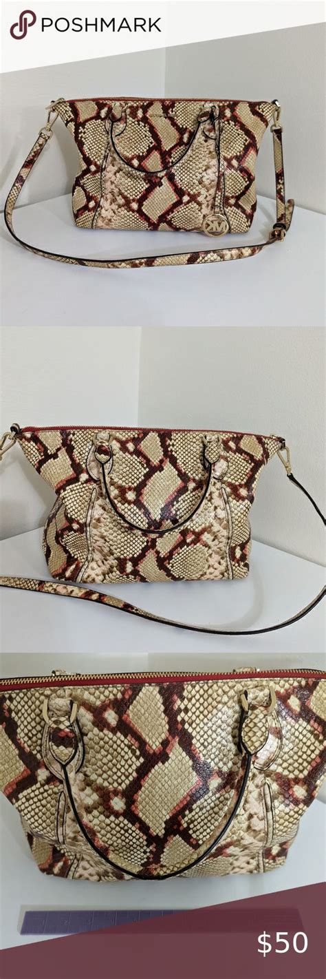 Michael Kors Tan Brown And Red Snake Skin Leather Large Crossbody