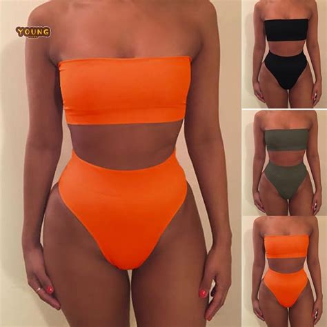 Sexy Women S Solid Color Strapless Bikini 2pcs Set Summer Beachwear S