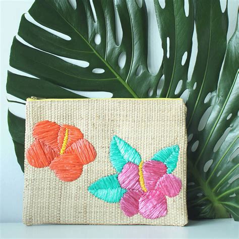 Hand Embroidered Raffia Pouch Bag Hibiscus Flowers By Tihara Smith