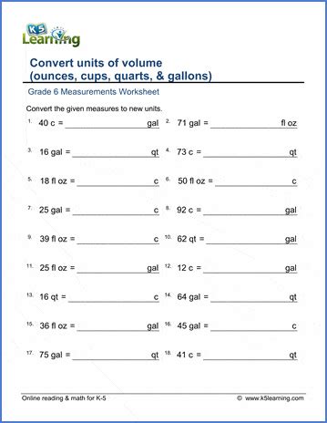 Cup pint quart gallon worksheet