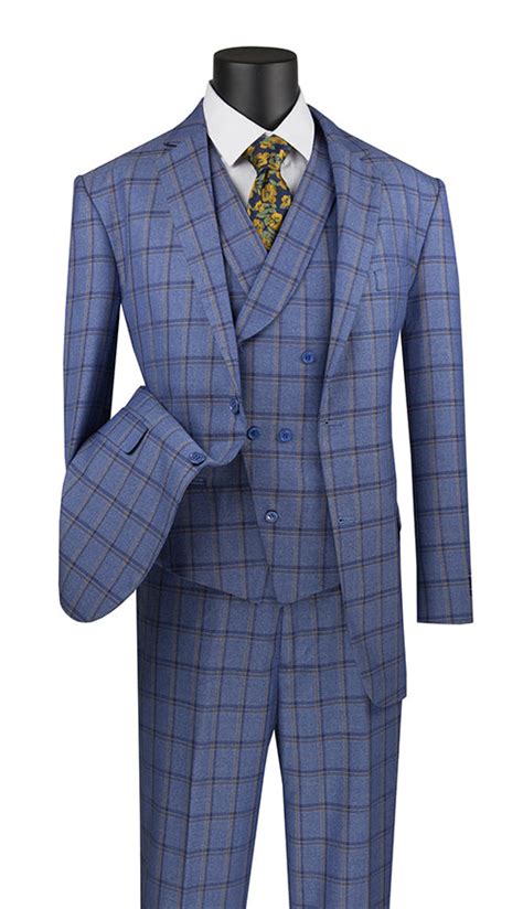 Atrani Collection Regular Fit Windowpane Suit 3 Piece In Blue Mens