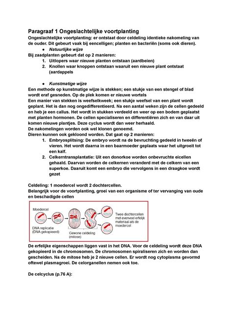 Biologie Samenvatting Vwo 4 Hoofdstuk 2 Paragraaf 1 Ongeslachtelijke