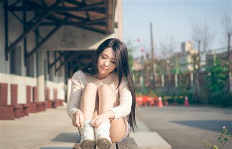 Asian Bokeh Brunette Girl Sweater Sitting Hands Legs