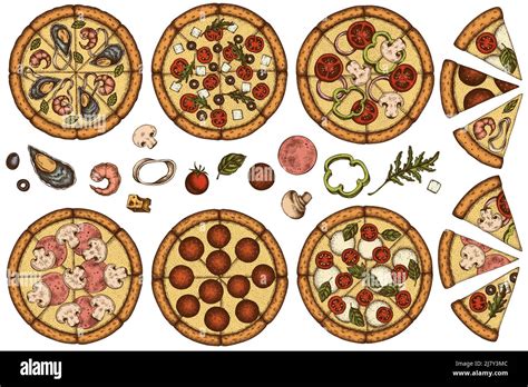 Pizza Hand Drawn Vector Illustrations Collection Colored Greek