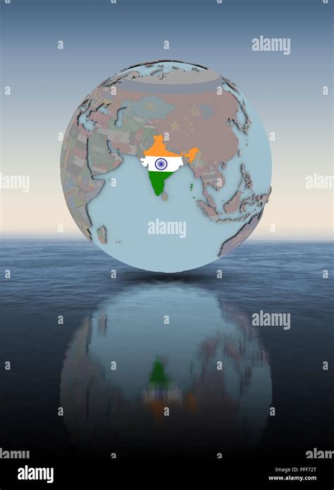 India With National Flag On Globe Above Water Surface 3D Illustration