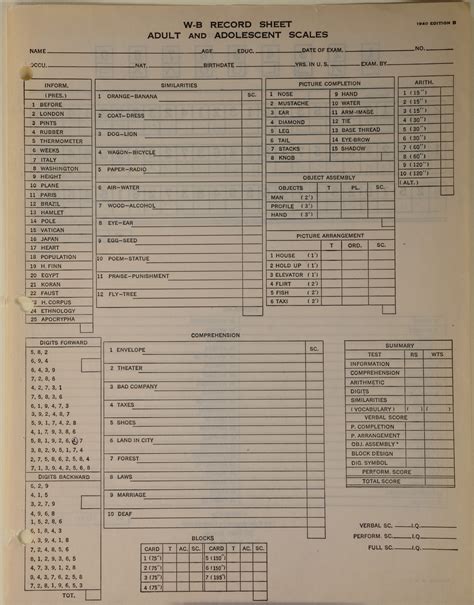 Psychological Test Score Sheet Wechsler Bellvue Record Sheet Adult And