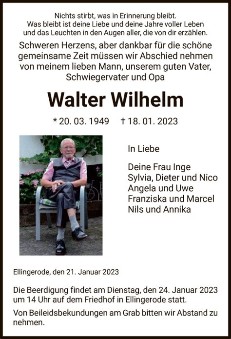 Traueranzeigen Von Walter Wilhelm Trauer Hna De