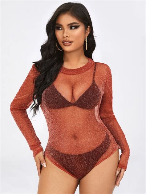 Shein Sxy Mock Neck Sheer Mesh Bodysuit Shein Usa