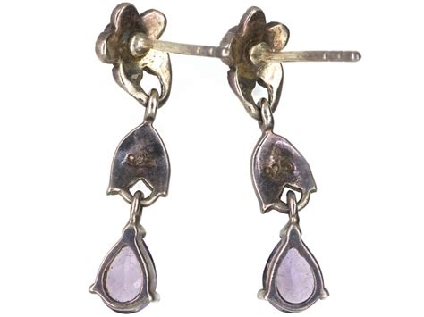 Silver Amethyst Marcasite Flower Drop Earrings 92N The Antique