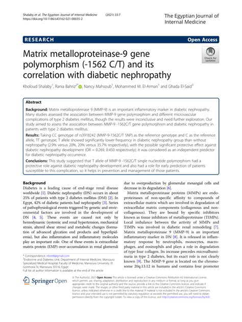 Pdf Matrix Metalloproteinase 9 Gene Polymorphism 1562 Ct And Its Correlation With Diabetic