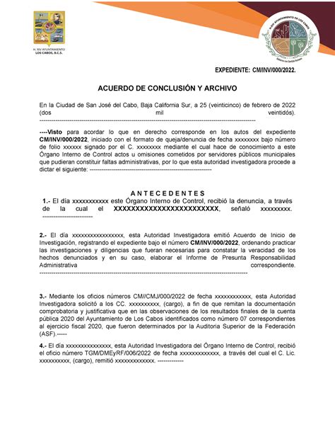 Acuerdo DE Conclusión responsabilidad administrativa EXPEDIENTE CM