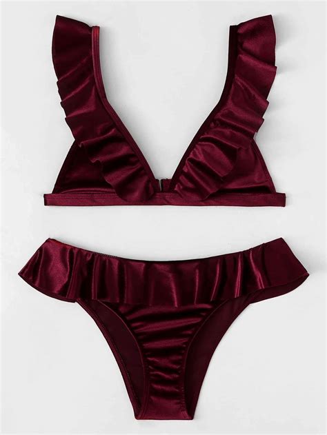 Burgundy Red Ruffle Triangle Top Velvet Bikini Bikinis Velvet Bikini