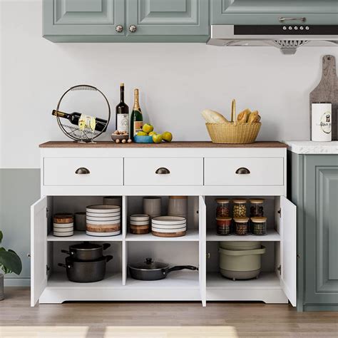 White Farmhouse Buffet Cabinet with Adjustable Shelves and Wine Storag