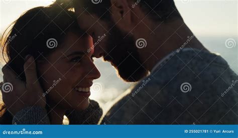 Couple Love And Beach Sunset With Forehead Touching On A Summer