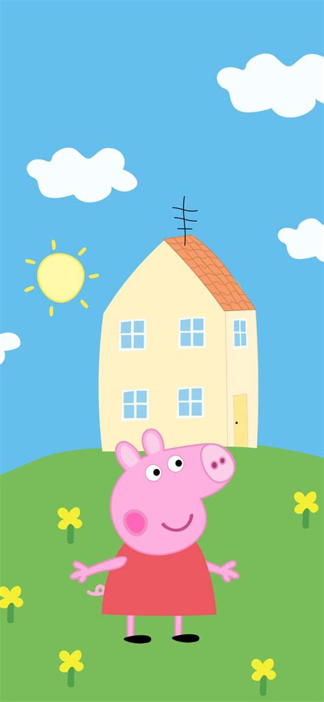 peppa pig standing in front of a house on a hill with sun and clouds