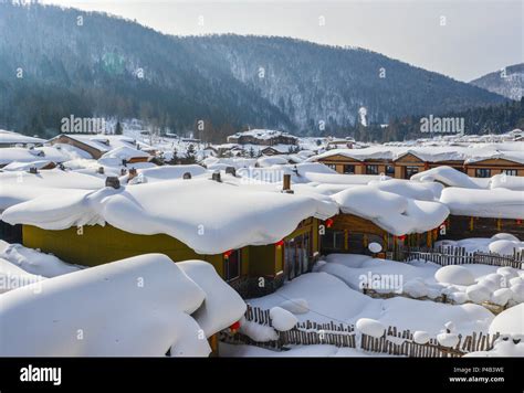 Snow village at sunny day in Mohe County, Northernmost China Stock ...