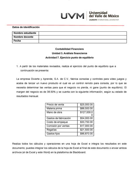 Actividad 7 EJERCICIO PUNTO DE EQUILIBRIO Contabilidad Financiera