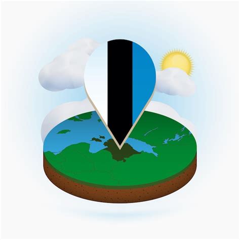 Mapa redondo isométrico de estonia y marcador de puntos con bandera de