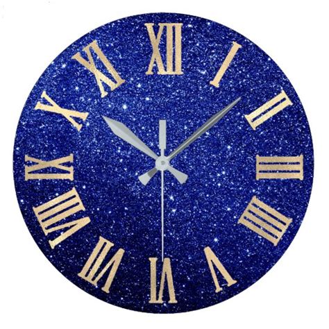 Blue Navy Glitter Minimal Metallic Roman Numers Large Clock Zazzle