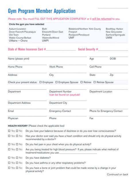 Printable Gym Membership Form Printable Forms Free Online