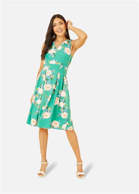 Mela Green Floral Wrap Over Sleeveless Skater Dress Matalan