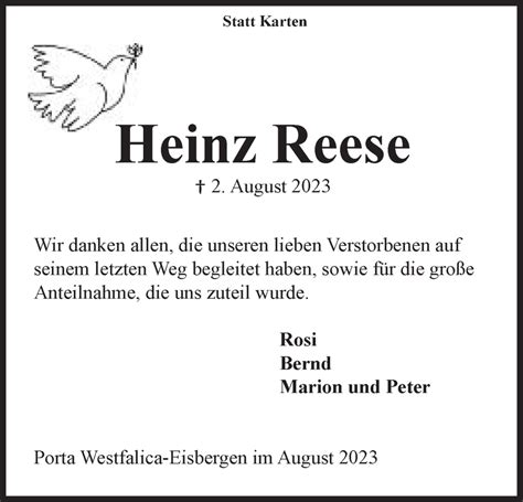 Traueranzeigen Von Heinz Reese Trauer Mt De