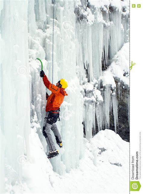 Ice Climbing Man Climbing Frozen Waterfall Stock Image Image Of