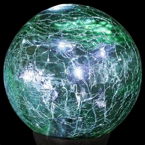 Solar Green Crackle Glass Ball Garden Stake With Six Led Lights And