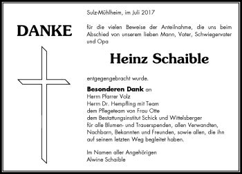 Traueranzeigen von Heinz Schaible Schwarzwälder Bote Trauer