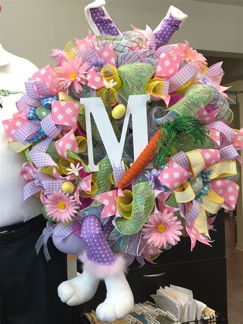 Personalized Easter Wreath With Multi Ribbon Bows And An Easter Bunny